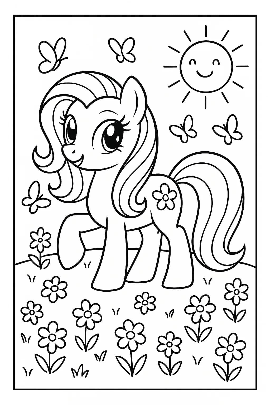 My Little Pony in a meadow with flowers and butterflies, easy coloring page for children