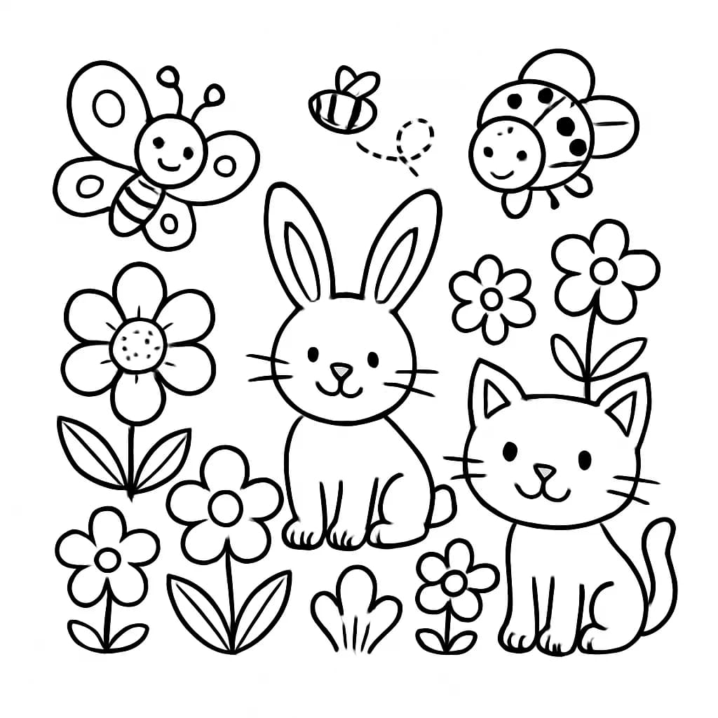 Simple coloring page with animals and insects smiling in a flower-filled garden.