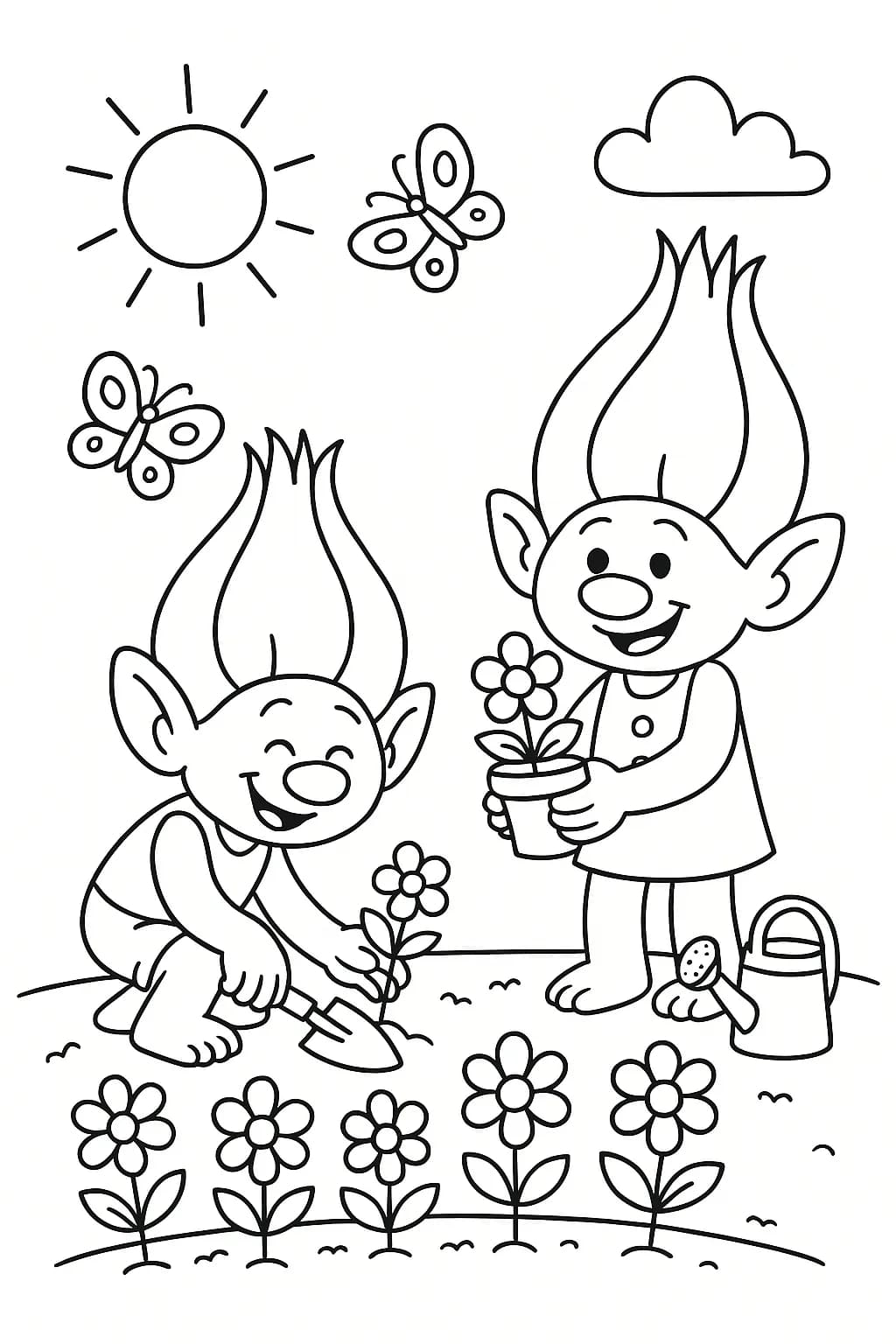 Trolls planting flowers in a garden with butterflies and sunshine, simple lines and big coloring spaces