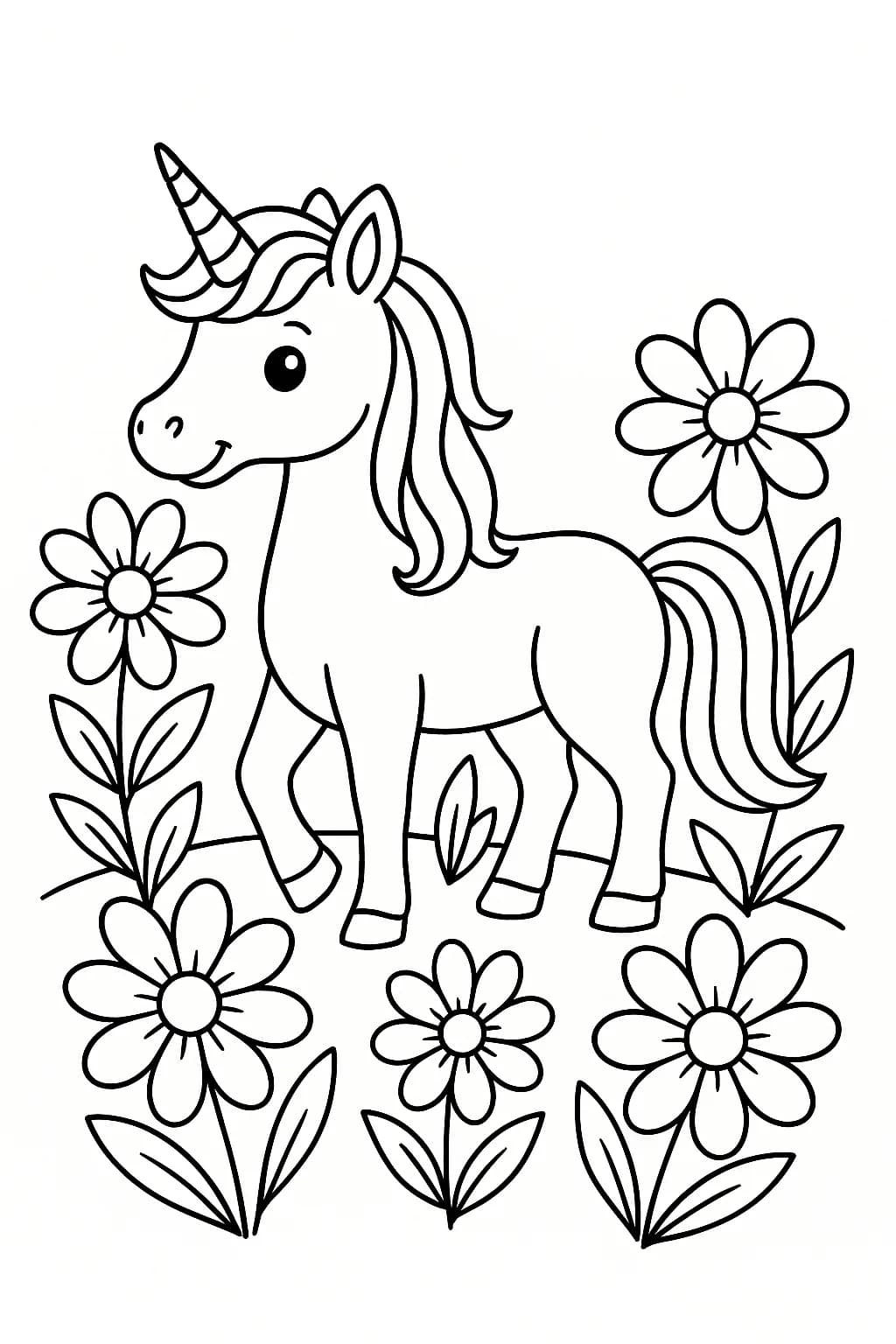 A simple unicorn standing in a field with large flowers, easy outlines for coloring.