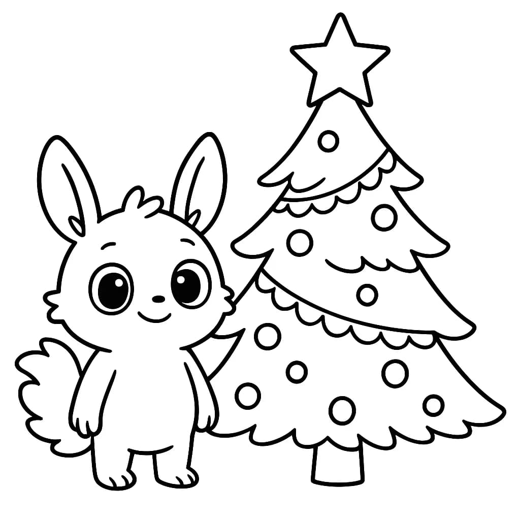Easy preschool coloring page of Sprunki with a Christmas tree and ornaments
