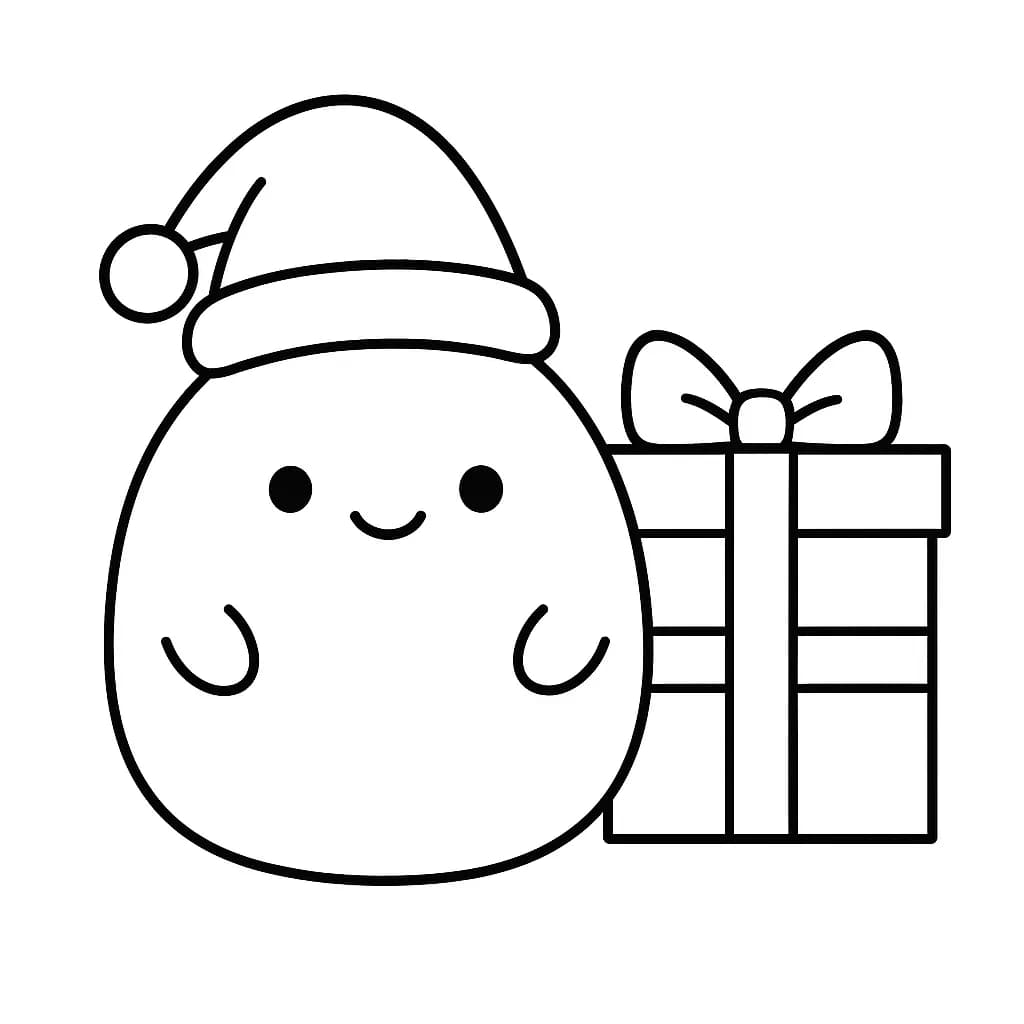 Simple Squishmallow wearing a Santa hat next to a big gift box for Christmas coloring.