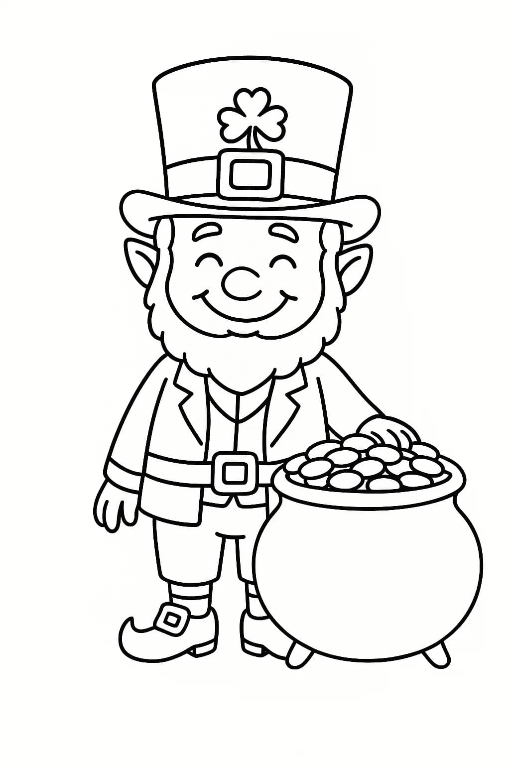Easy coloring page of a smiling leprechaun with a hat and pot of gold for St. Patrick's Day.