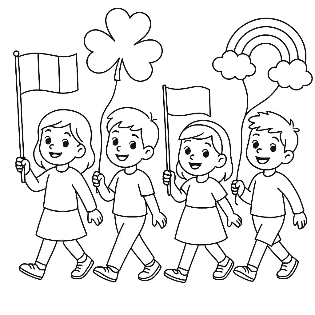 Easy coloring page of children in a St. Patrick’s Day parade with flags and balloons.