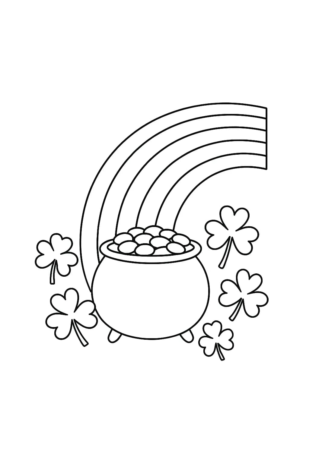 Easy coloring page of a rainbow ending at a pot of gold with clovers around it for St. Patrick's Day.