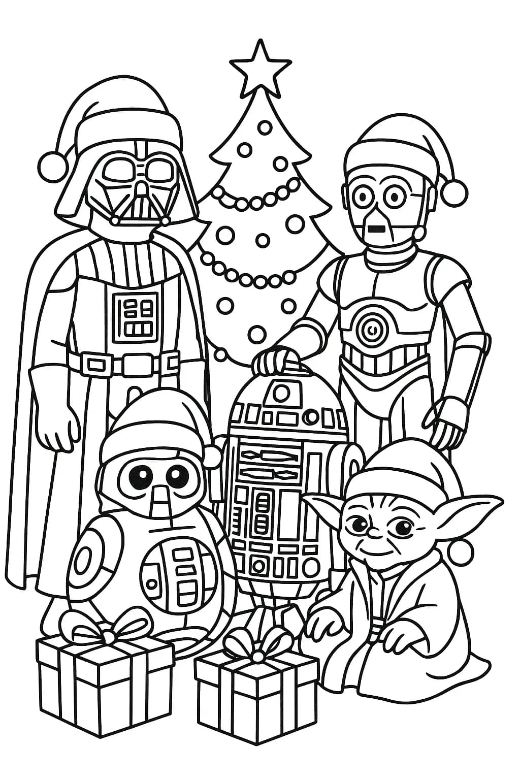 Simple Star Wars characters in Christmas hats near a holiday tree with presents, easy outlines.
