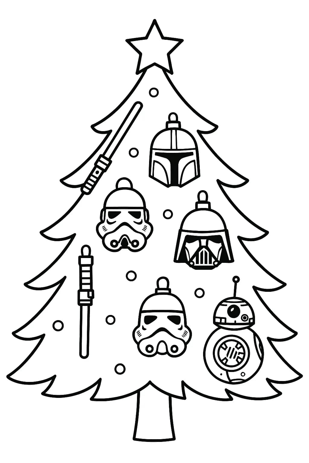 Simple coloring page of a Christmas tree with Star Wars decorations and large ornaments, easy for preschoolers.