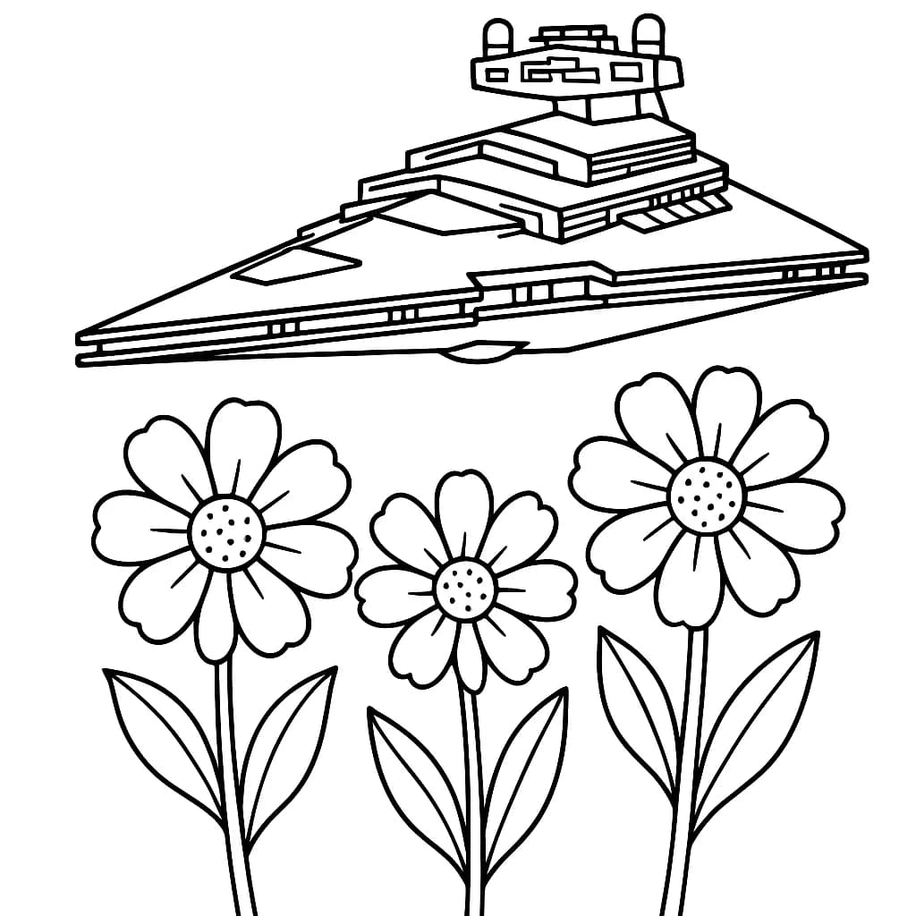Simple coloring page of a big spaceship above spring flowers with easy shapes, designed for preschoolers.