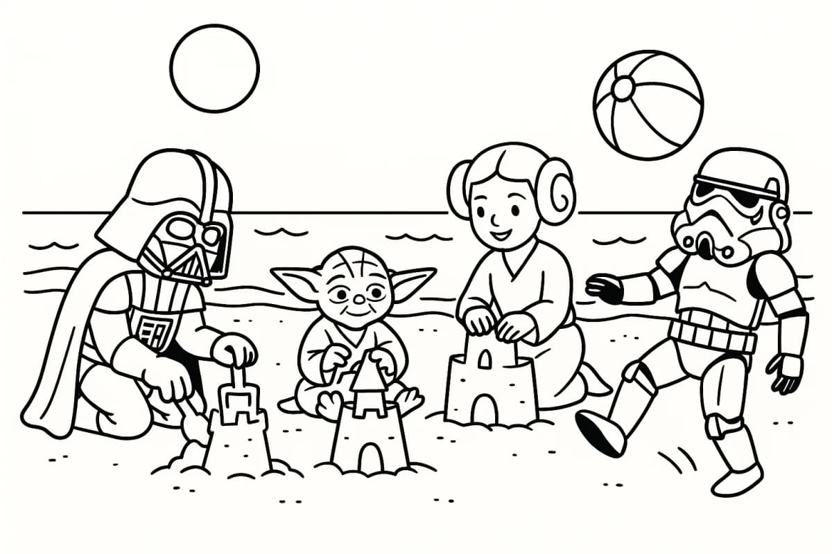 Star Wars characters building sandcastles and playing at the beach, simple outlines.
