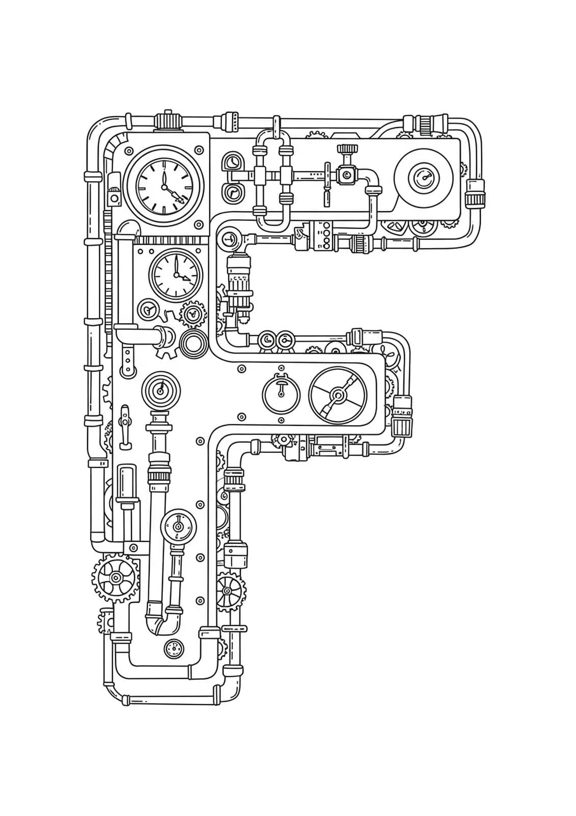 Letter F with complex steampunk gears, pipes, and machinery for adult coloring.