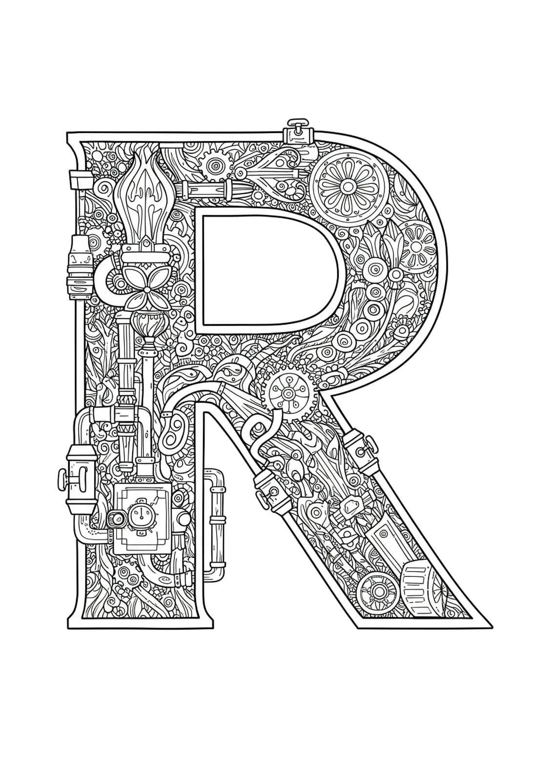 Letter R surrounded by detailed steampunk gears, pipes, and Victorian patterns for a hard teen coloring page.