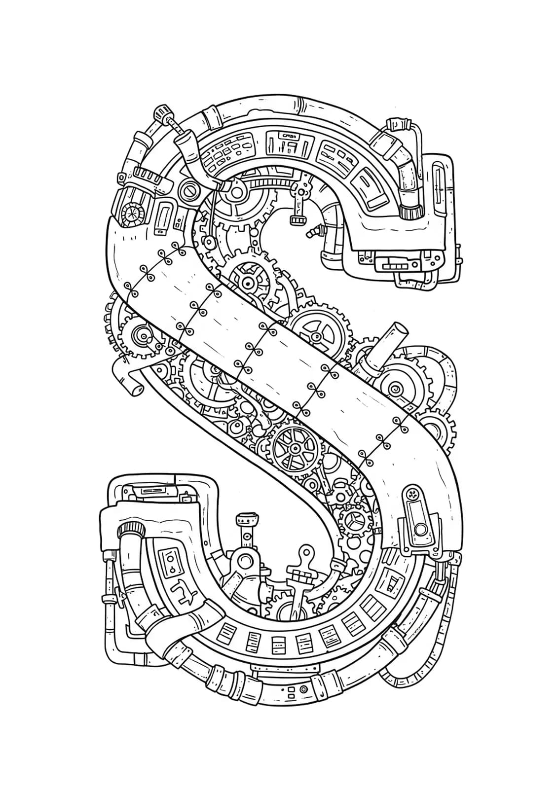 Intricate steampunk themed letter S with gears, pipes, and Victorian machinery details, hard adult coloring page