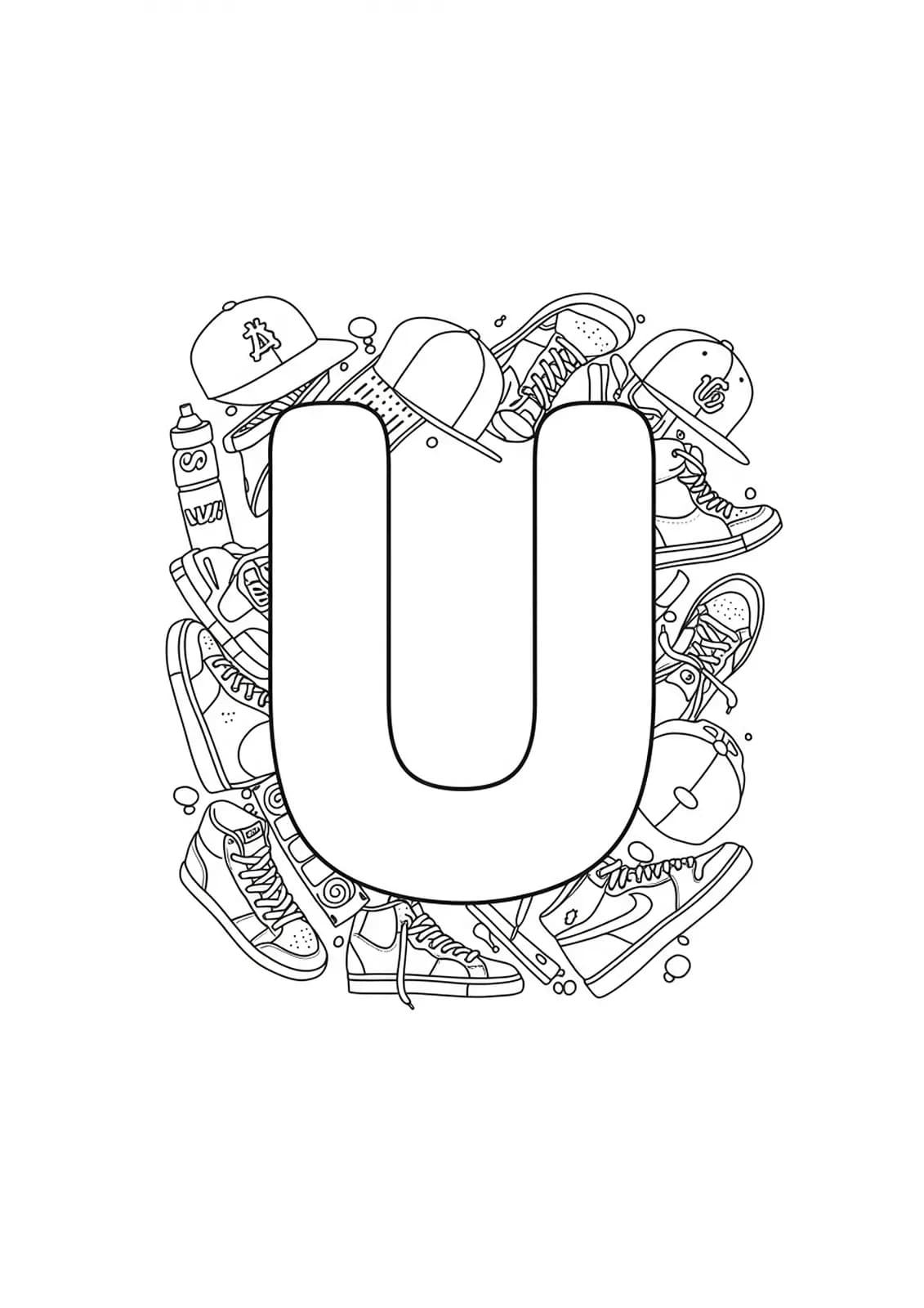 Letter U with outlines of sneakers, caps, and hoodies for easy teen coloring.
