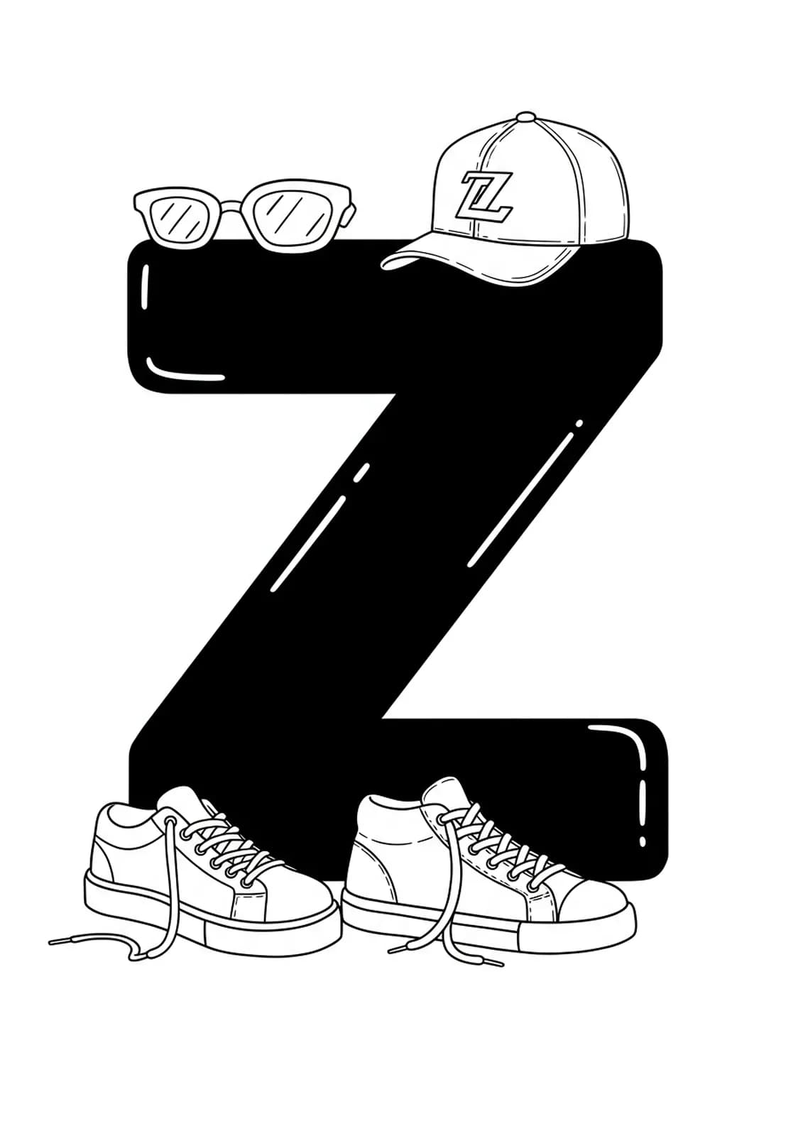 Large letter Z with outlined sneakers, a baseball cap, and accessories