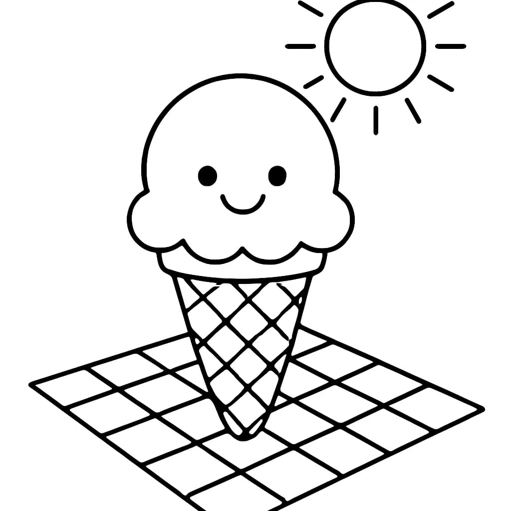 Simple line art of a smiling ice cream cone at a picnic blanket with sun overhead, easy coloring page for preschoolers.