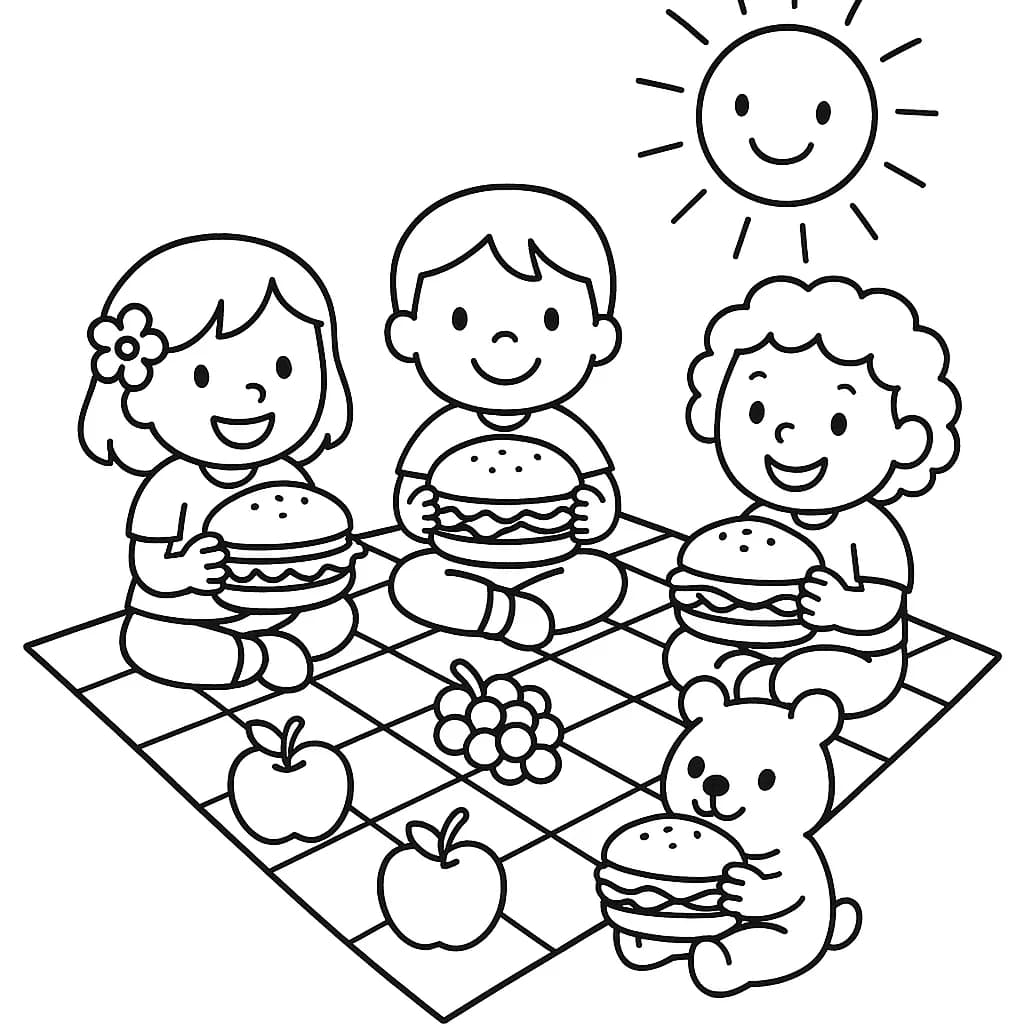 Inside Out 2 characters sitting on a picnic blanket with big food items like sandwiches and fruit, under a sun with simple outlines.