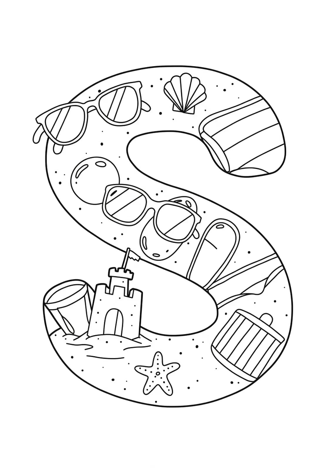 Printable coloring page of a large letter S with sunglasses, a sandcastle, and swimming gear.