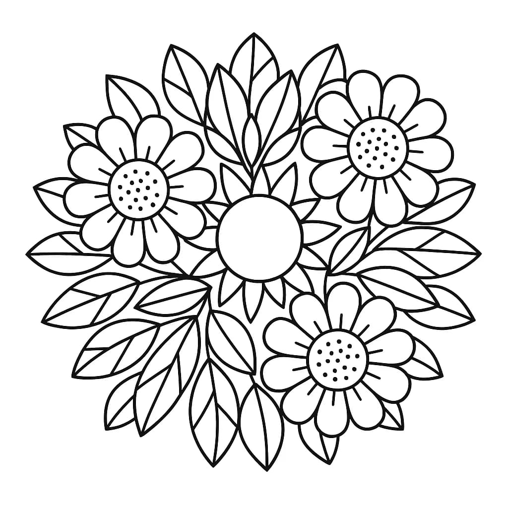 Simple mandala with large flowers, sun, and leaves for preschool coloring