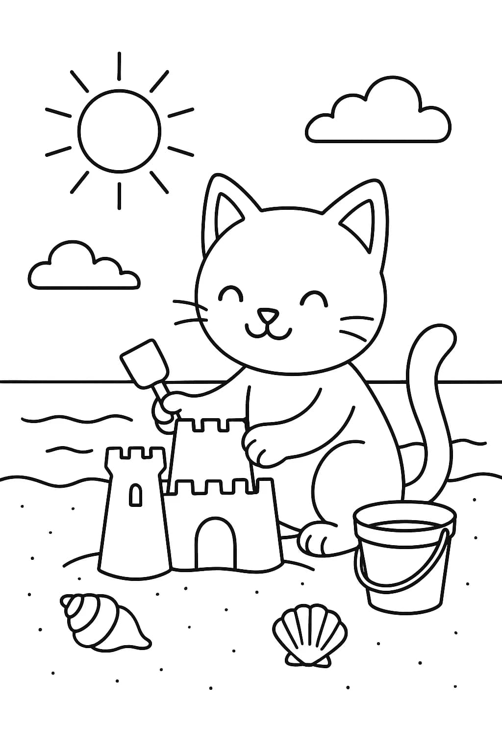 Cat building a sandcastle at the beach under the sun, simple outlines for coloring