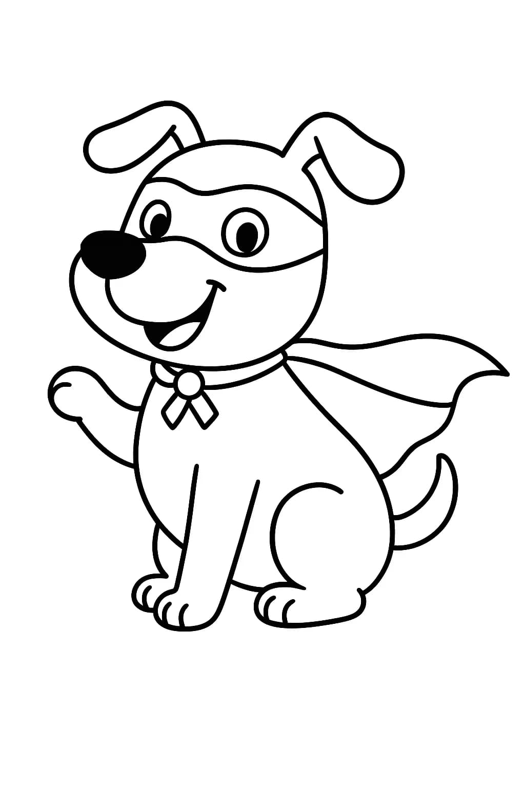 Outline of a cheerful dog wearing a superhero cape and mask with a city skyline in the background.
