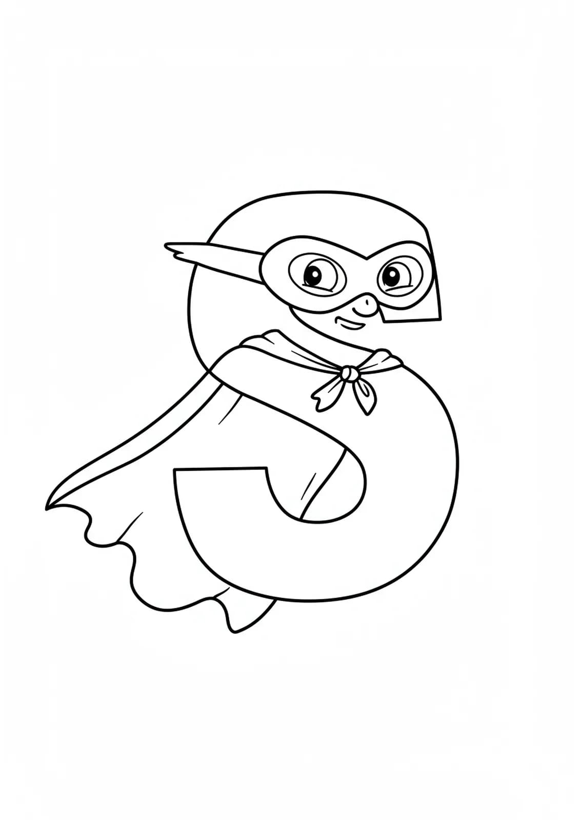 Large letter S wearing a superhero mask and cape, outlined in simple lines.