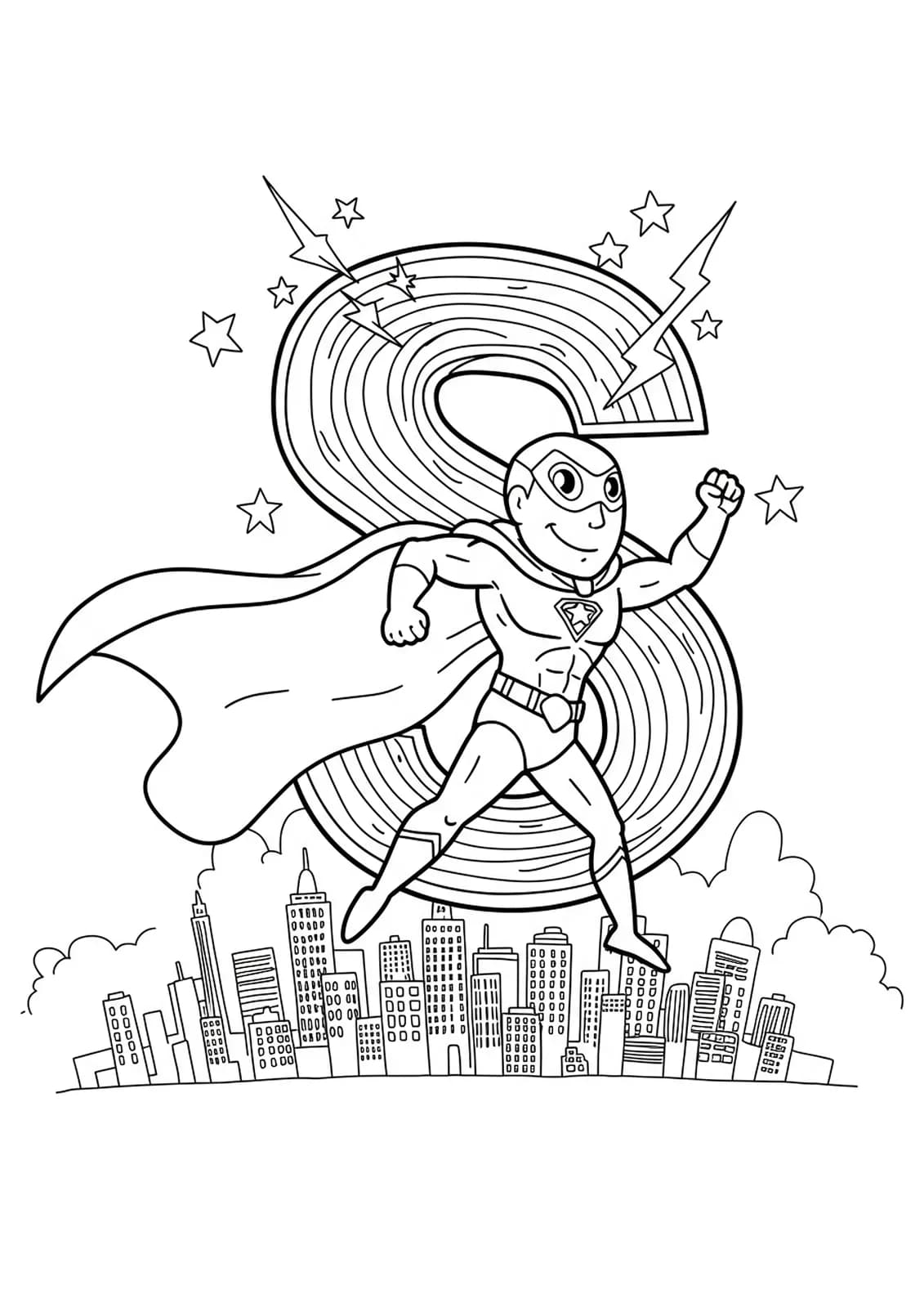 Superhero-themed letter S with cape, lightning bolts, and cityscape in a hard coloring sheet.
