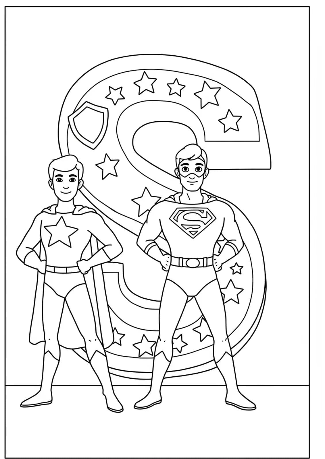 Printable coloring page of a superhero standing beside a large letter S with stars and shields.