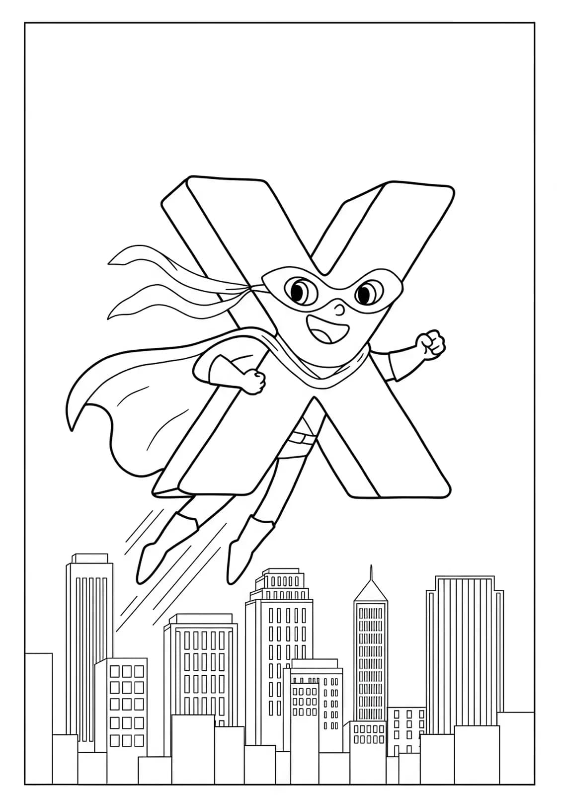Letter X as a flying superhero above a cityscape, wearing a cape and mask, for kids to color.