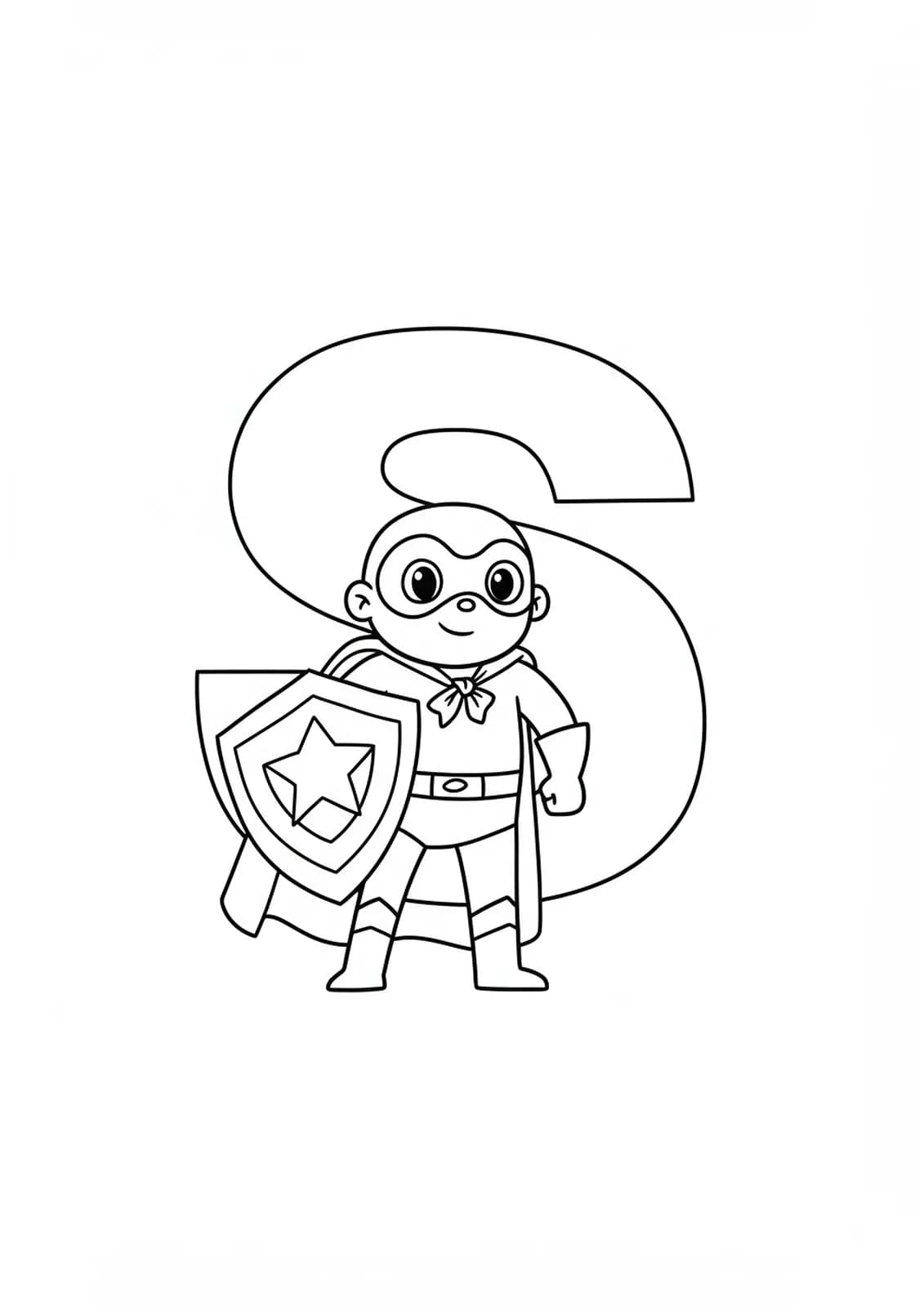 Coloring page with a big letter S, superhero, and a shield