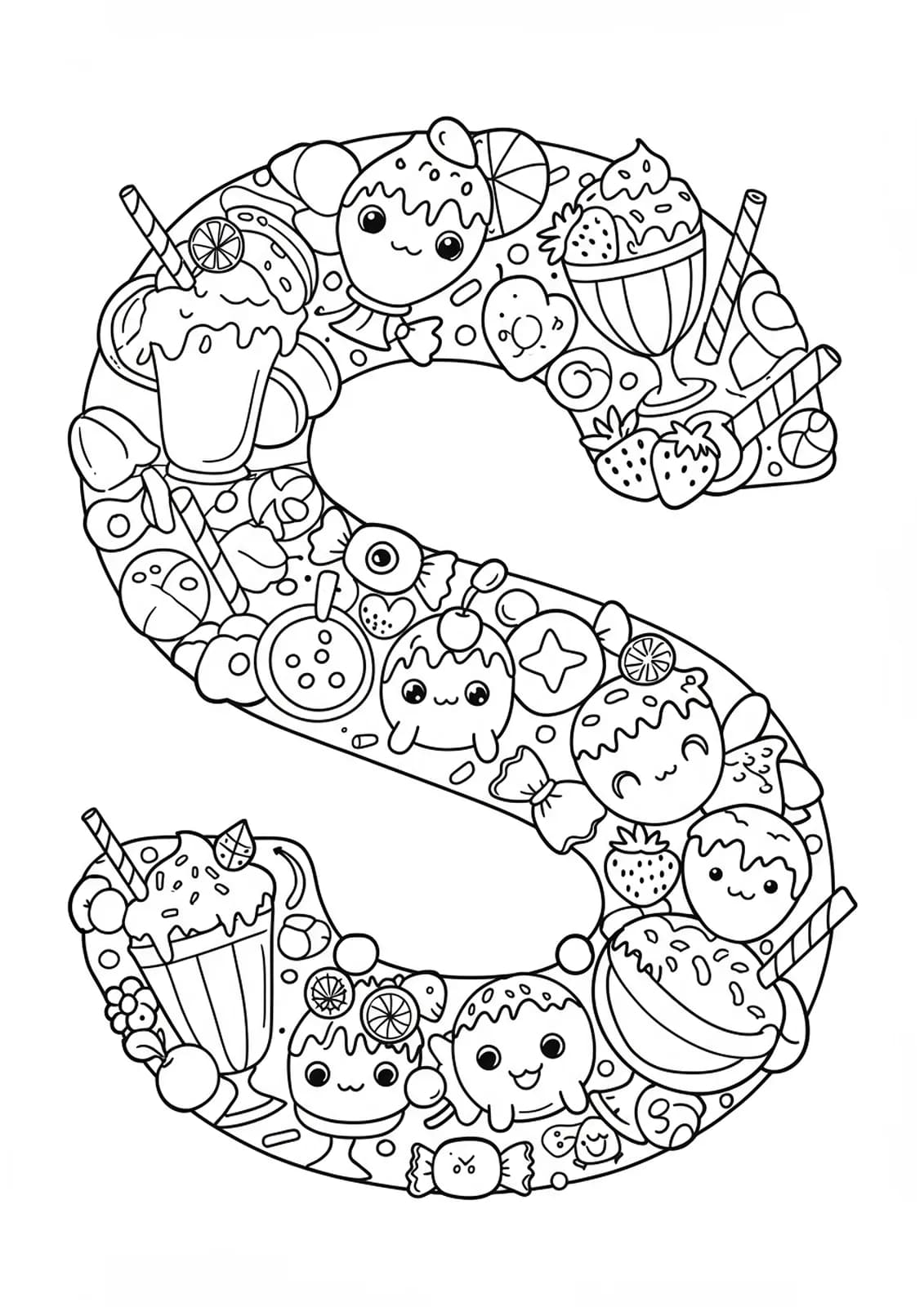 Letter S with intricate sundaes, strawberries, candies, and sprinkles for preschool coloring