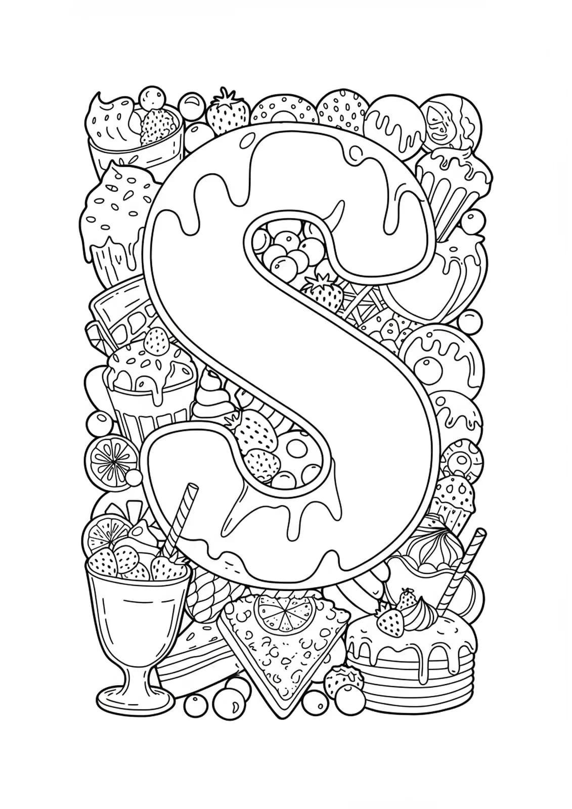 Coloring page with a big letter S decorated with sundaes, strawberries, and slices of cake.