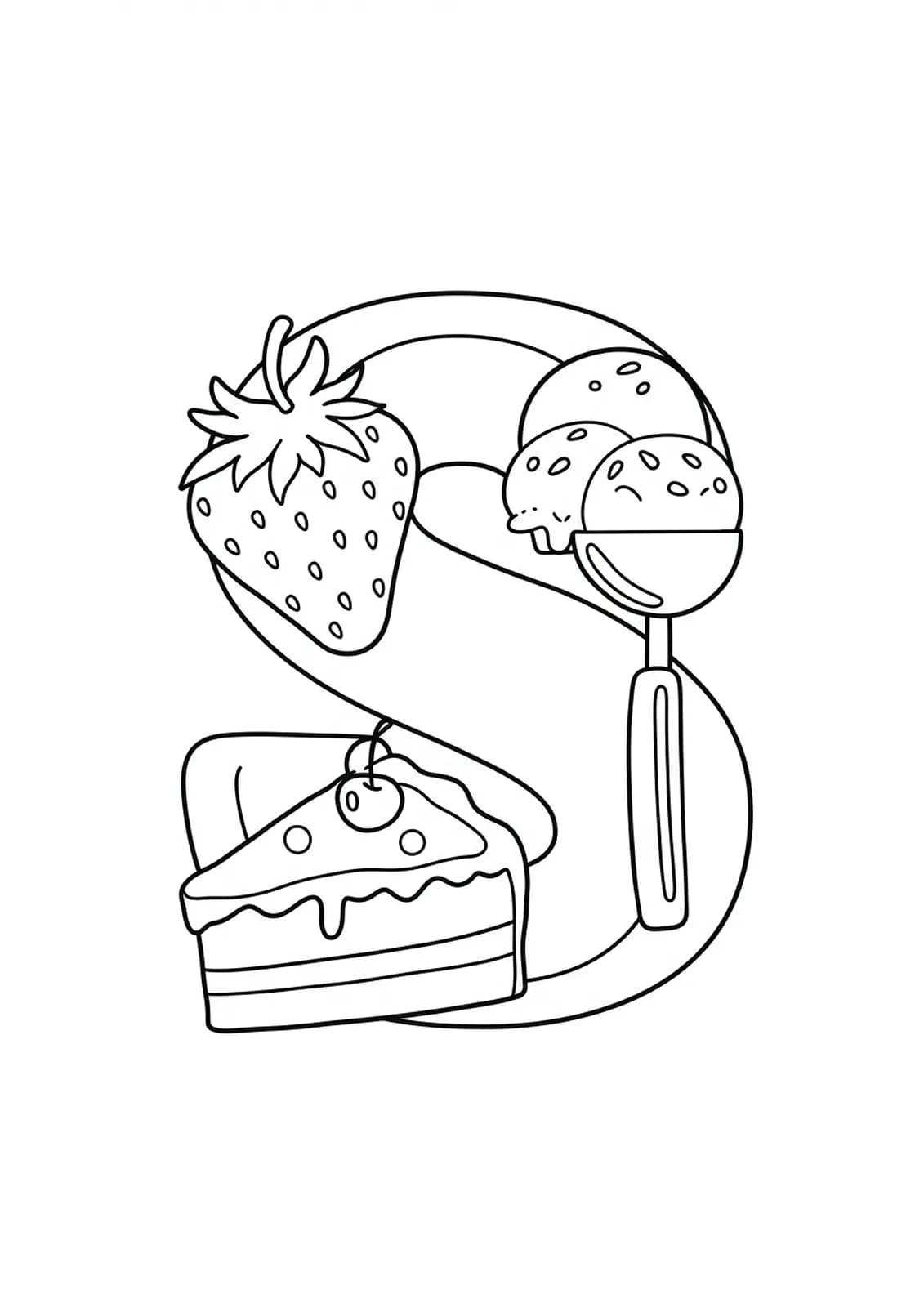 Coloring page with a big letter S, strawberry, cake slice, and ice cream