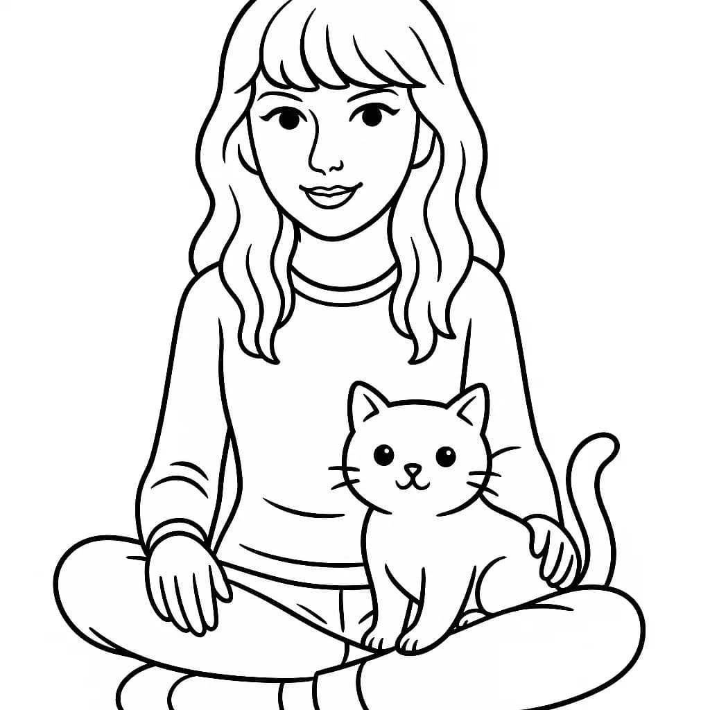 Easy coloring page of Taylor Swift sitting with a cat, large areas to color for preschoolers.