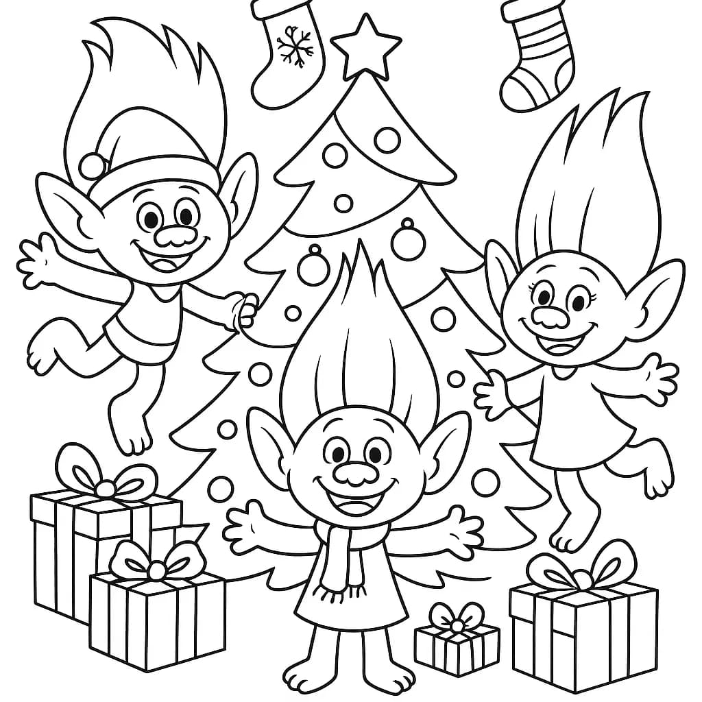 Easy Christmas coloring page featuring trolls, a decorated tree, stockings, and presents.