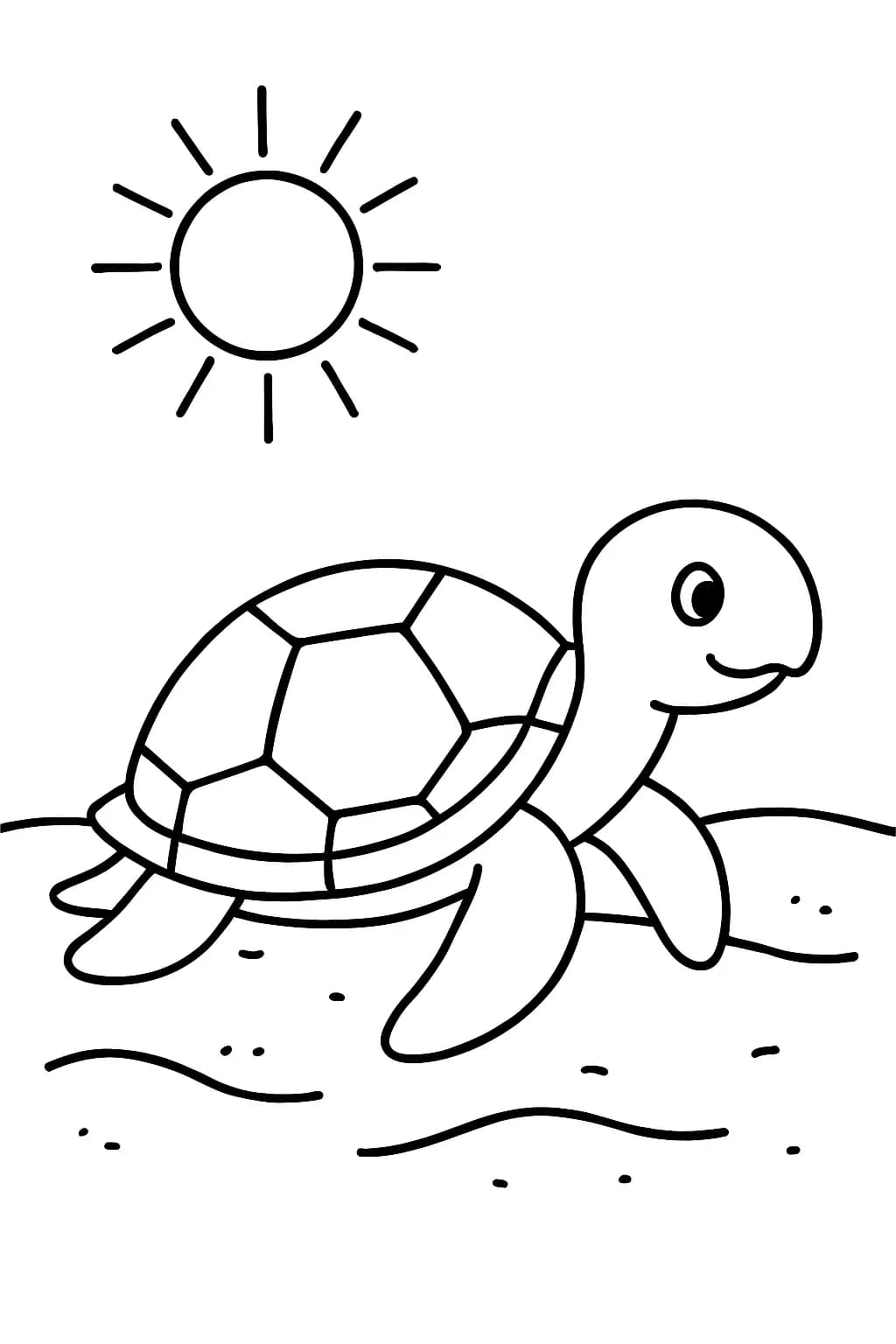 Easy coloring page of a turtle on the beach with a sun, for preschool children