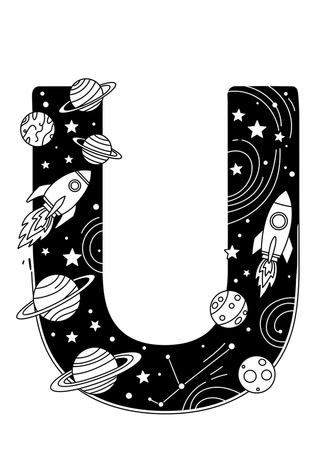 Letter U surrounded by detailed planets, rockets, stars, and galaxy patterns for coloring.