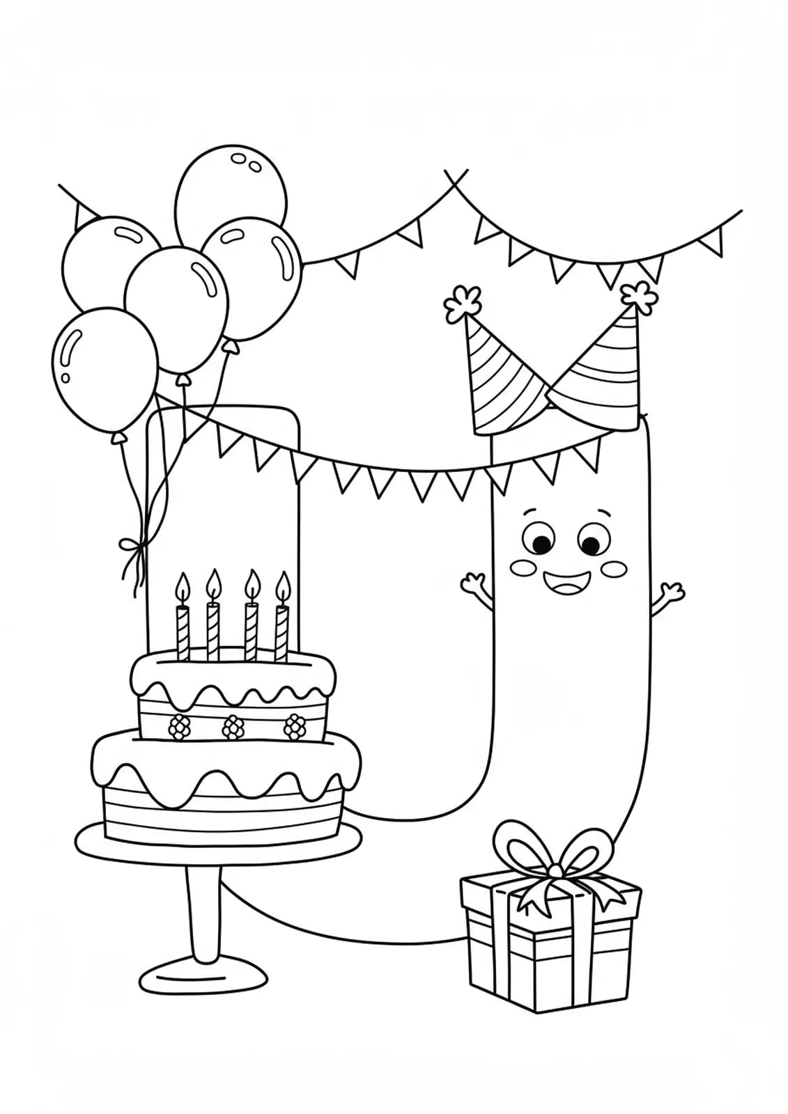 Printable birthday-themed coloring page with letter U, cake, balloons, and party hats for kids.