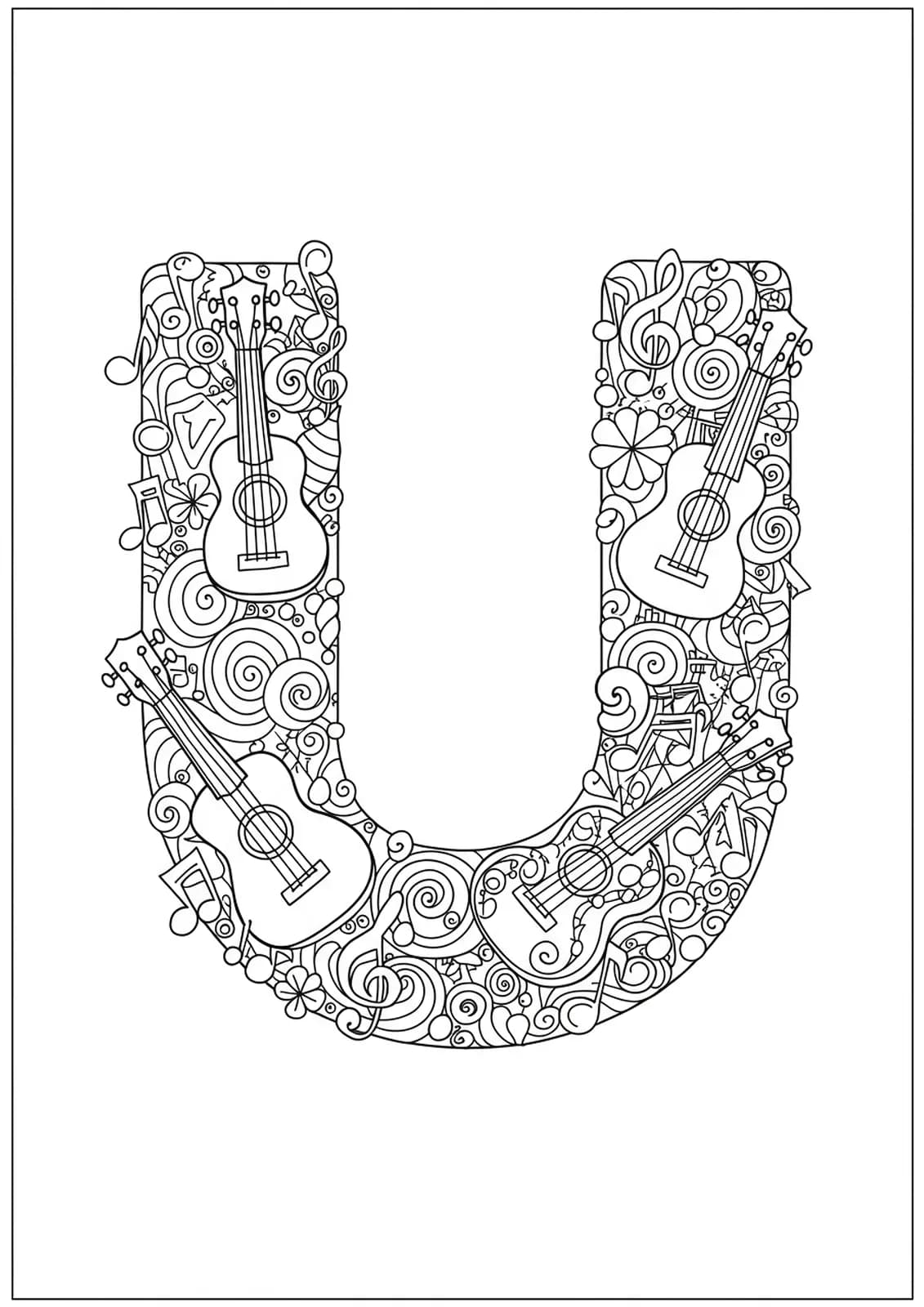 Detailed ukuleles, musical notes, and sound patterns around a large letter U for coloring.