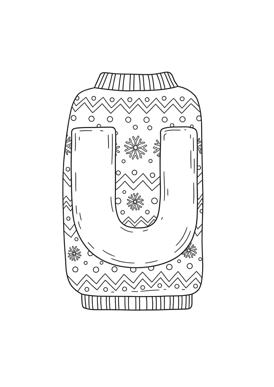 Letter U coloring page in an ugly sweater with detailed holiday designs for preschool children