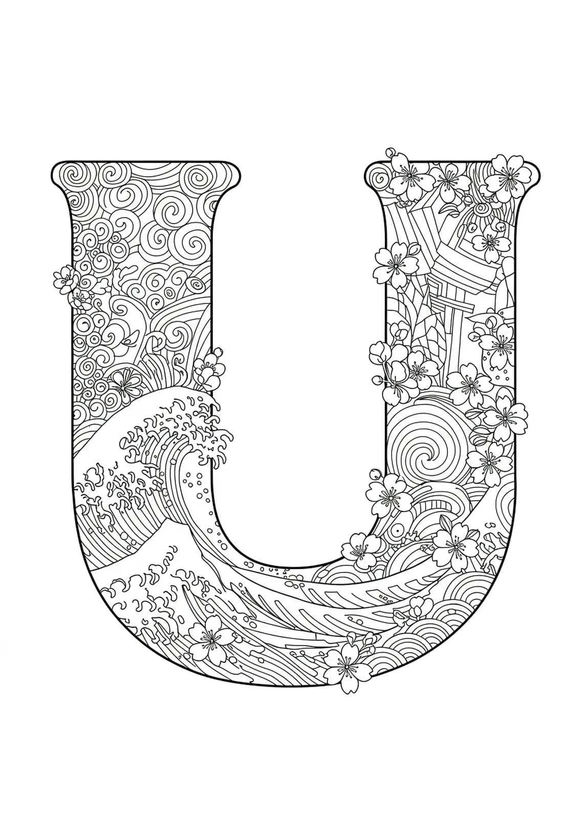Letter U decorated with Japanese waves, cherry blossoms, and Ukiyo-e inspired motifs.