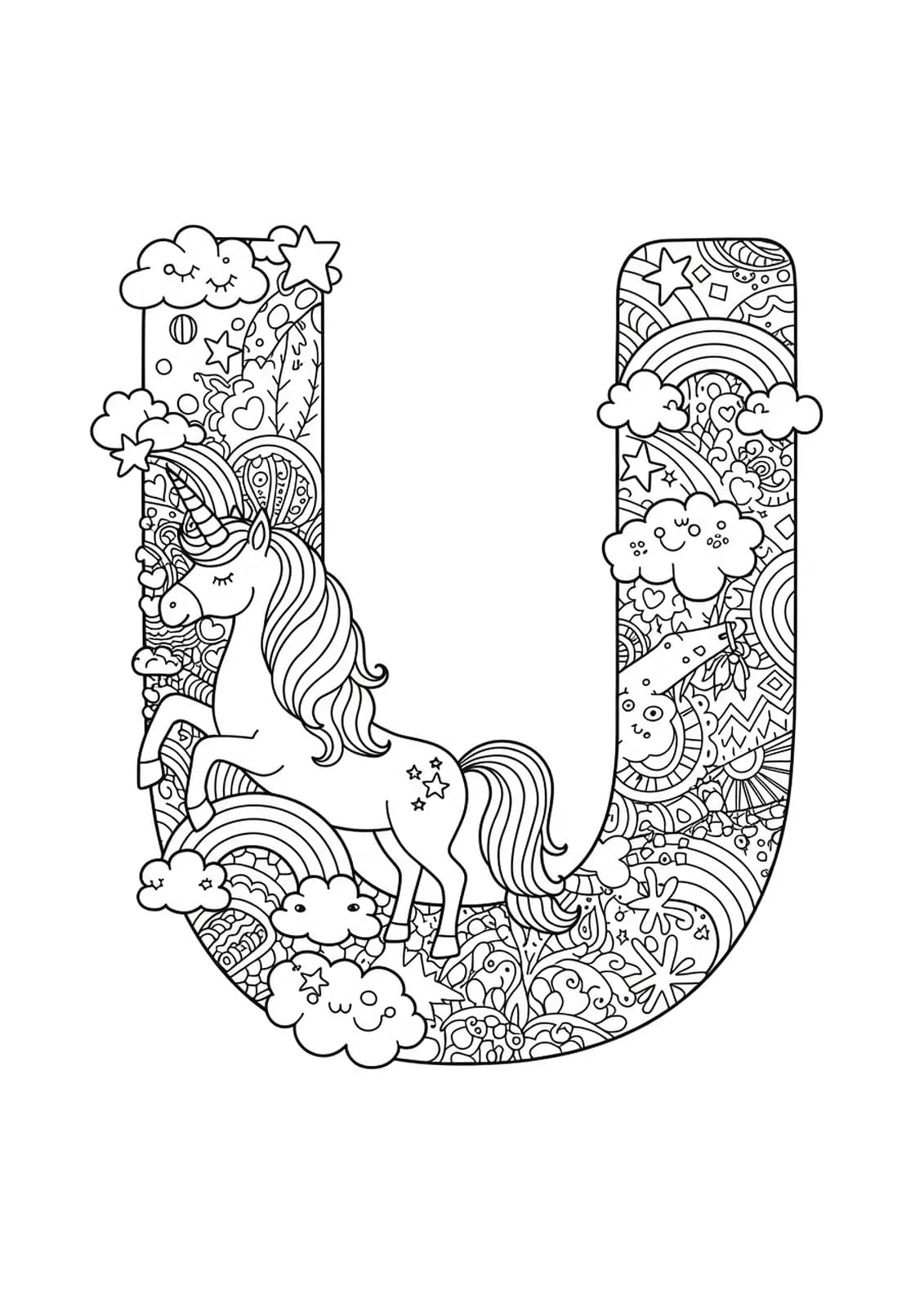 Detailed unicorn, clouds, and fantasy elements around an ornate letter U for coloring.