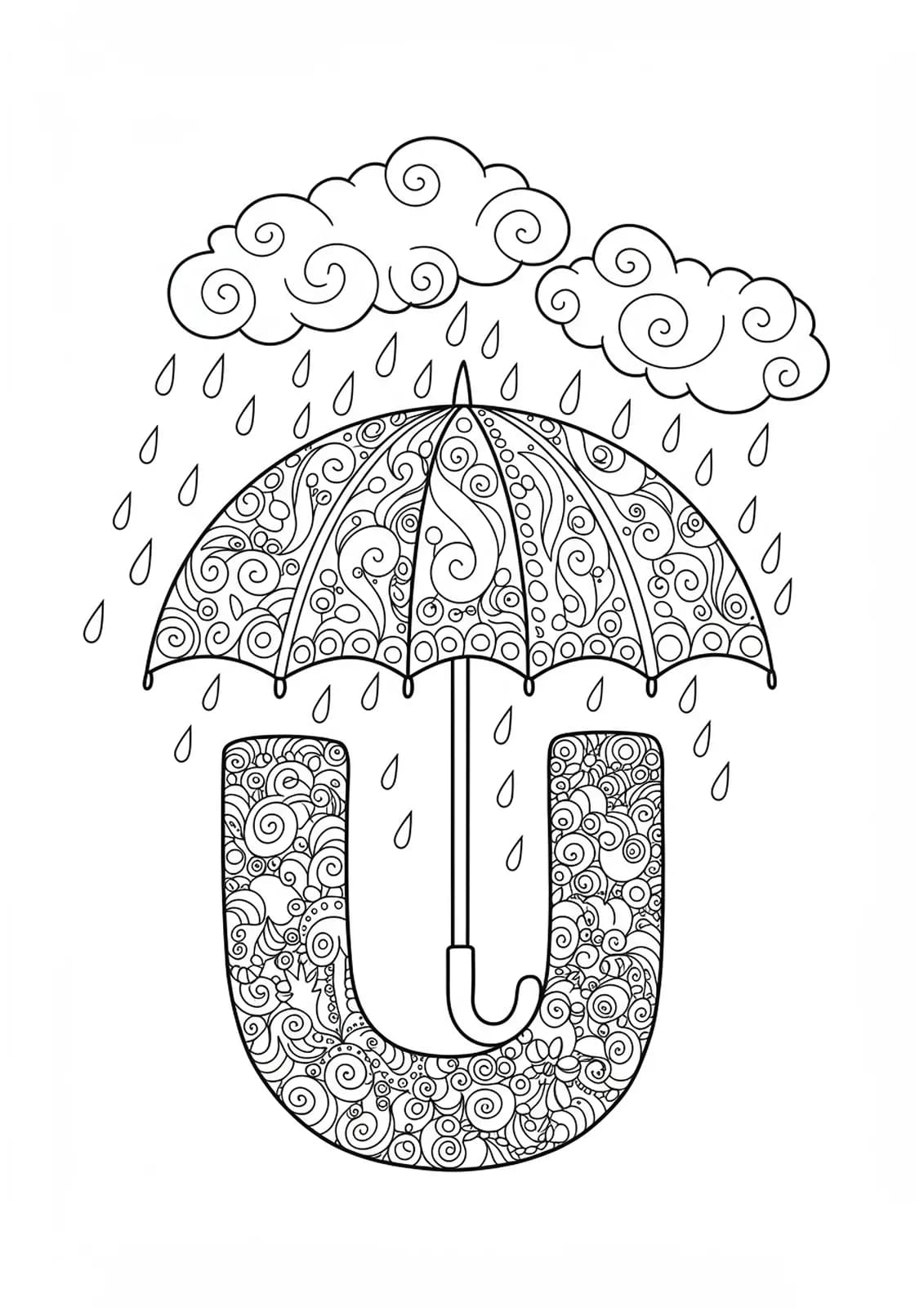 Letter U coloring page with a detailed umbrella, raindrops, and clouds for preschool children