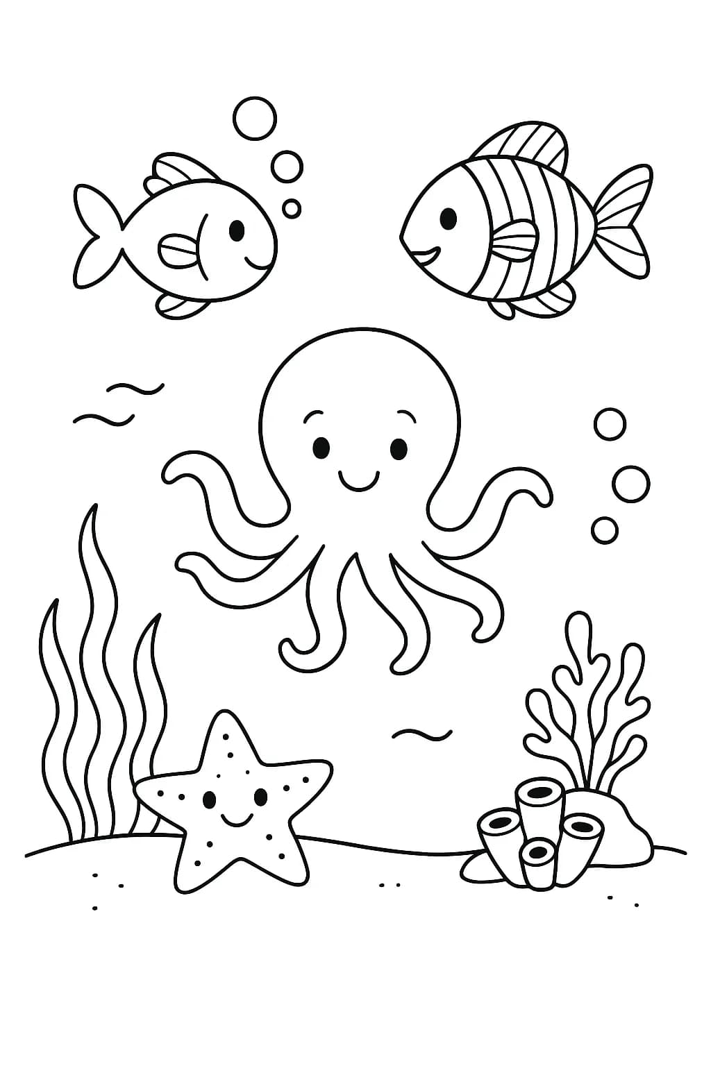Simple ocean scene with fish, starfish, and octopus, easy coloring page for kids