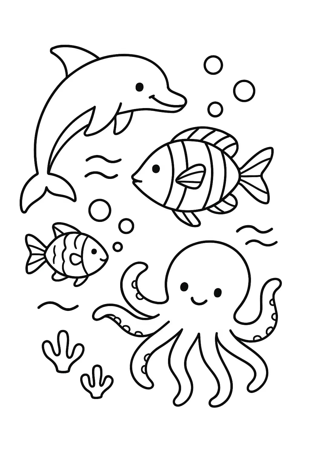 Simple coloring page of ocean animals including a dolphin, fish, and octopus, with bold outlines.