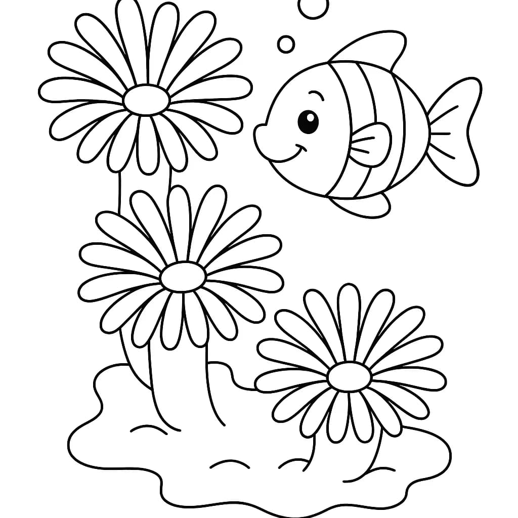 Line art of large ocean flowers and a fish for preschool coloring.