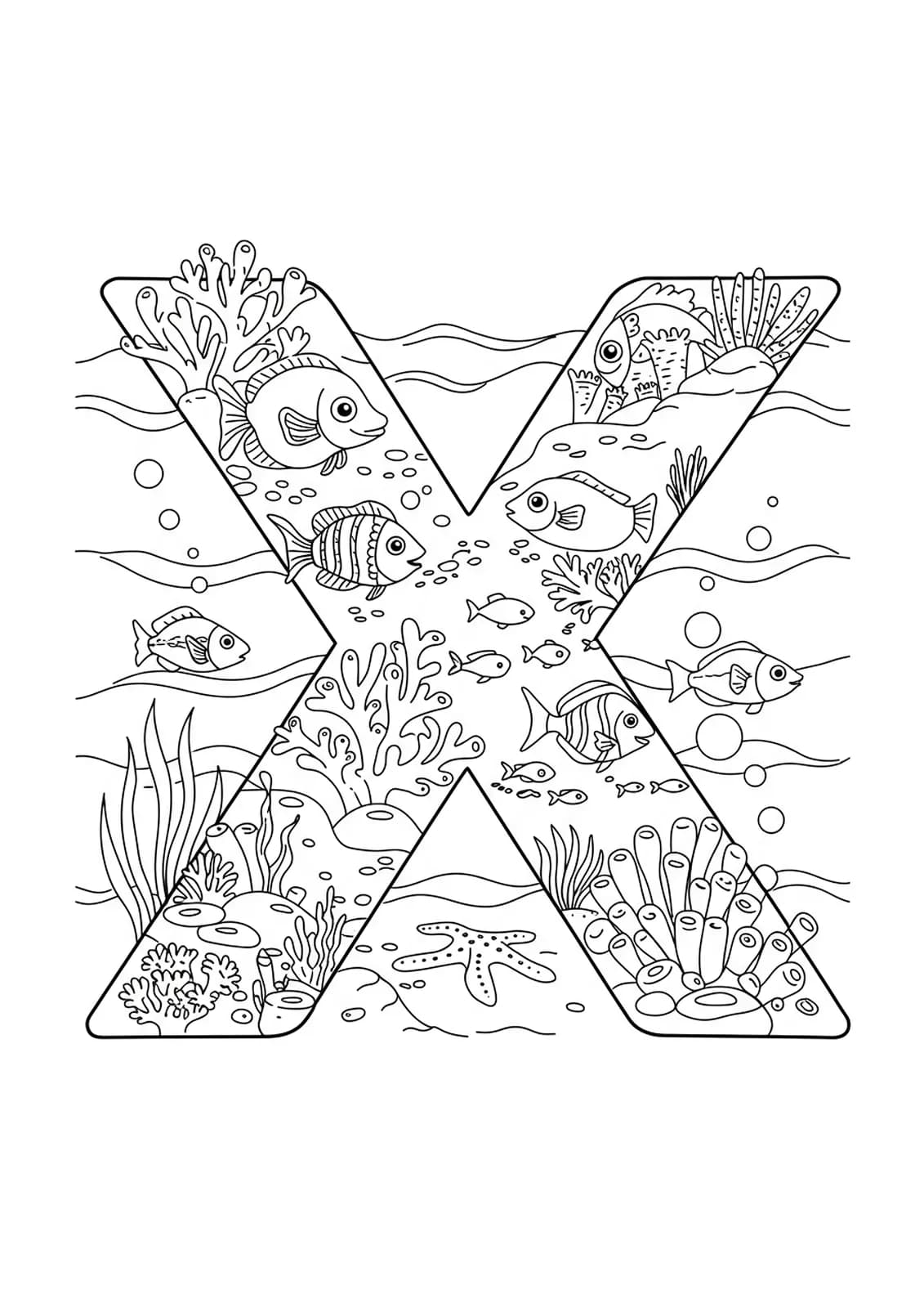 Letter X underwater with detailed fish, coral, and sea plants for coloring