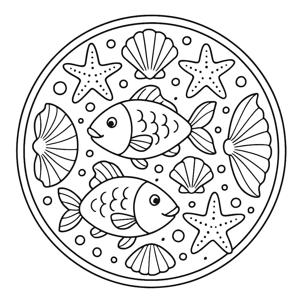 Mandala with large fish, seashells, and starfish for preschool coloring