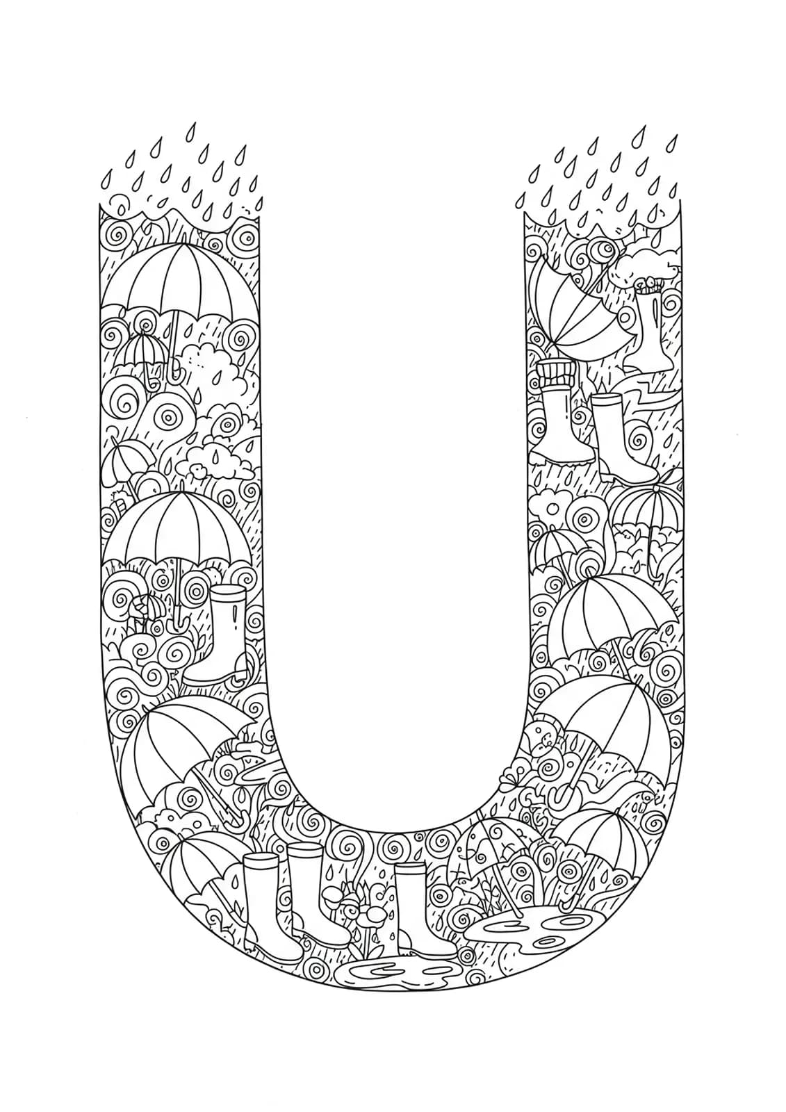Detailed umbrellas, raindrops, and boots surrounding a large letter U for coloring.