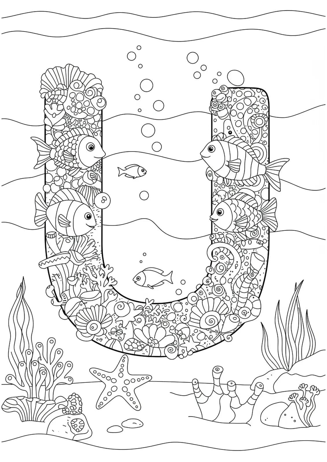 Complex underwater themed letter U coloring page with fish, starfish, and seaweed for preschoolers