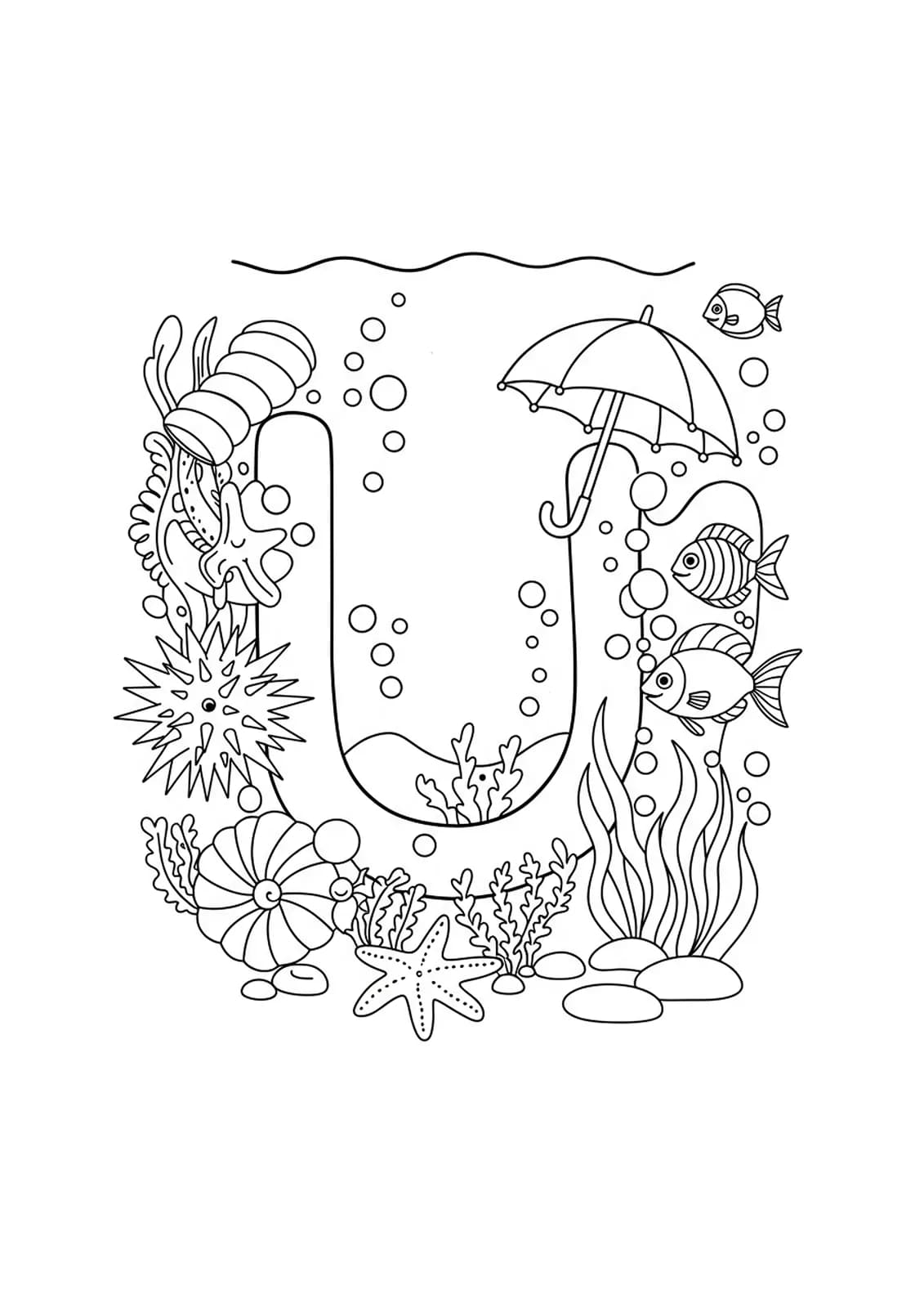 Letter U surrounded by ocean animals, seaweed, urchins, and an underwater scene for coloring.